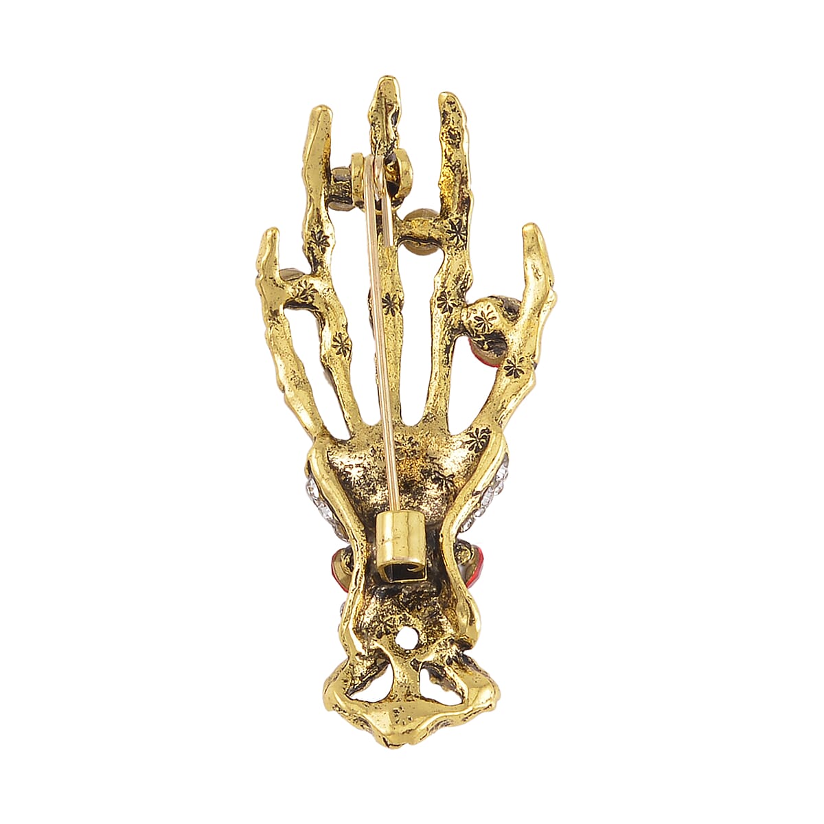 Red and White Austrian Crystal Halloween Skeleton Brooch in Goldtone image number 3