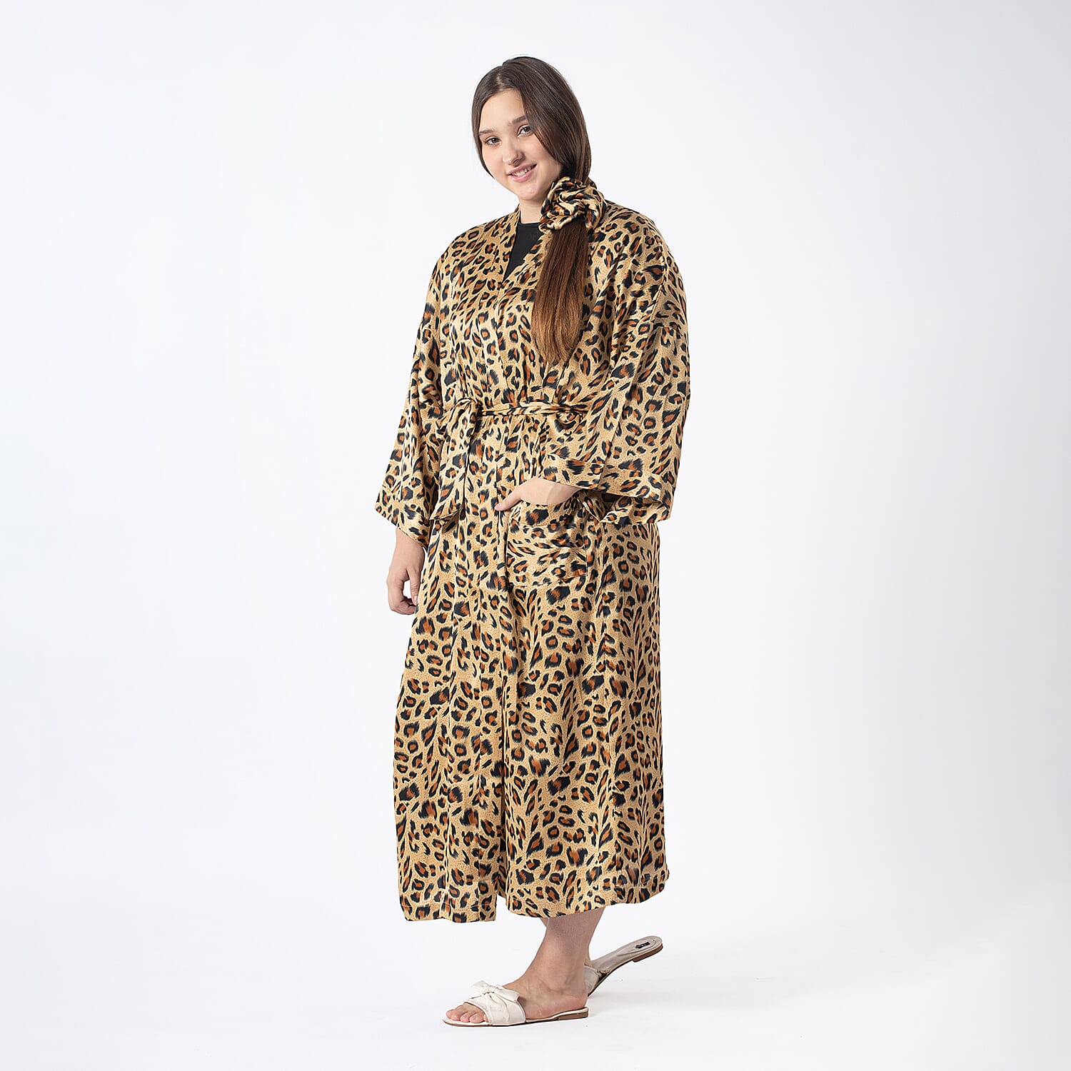 Tamsy Tan Cheetah Robe with Scrunchie - One Size Fits Most