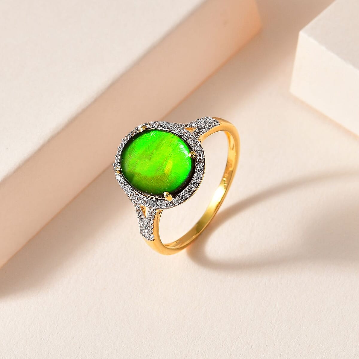 Canadian Ammolite and White Zircon Ring in Vermeil Yellow Gold Over Sterling Silver (Size 10.0) 4.10 ctw image number 1