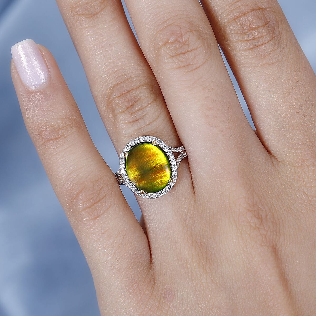 Canadian Ammolite and White Zircon Ring in Vermeil Yellow Gold Over Sterling Silver (Size 10.0) 4.10 ctw image number 2