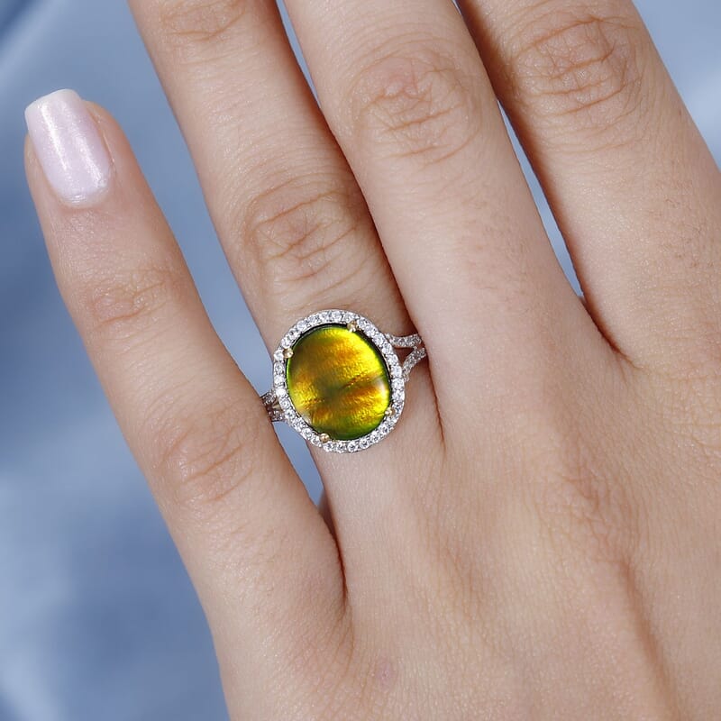 Canadian Ammolite and White Zircon Split Shank Ring in Vermeil Yellow Gold Over Sterling Silver (Size 10.0) 0.60 ctw