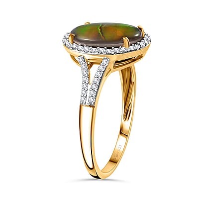 Canadian Ammolite and White Zircon Split Shank Ring in Vermeil Yellow Gold Over Sterling Silver (Size 10.0) 0.60 ctw