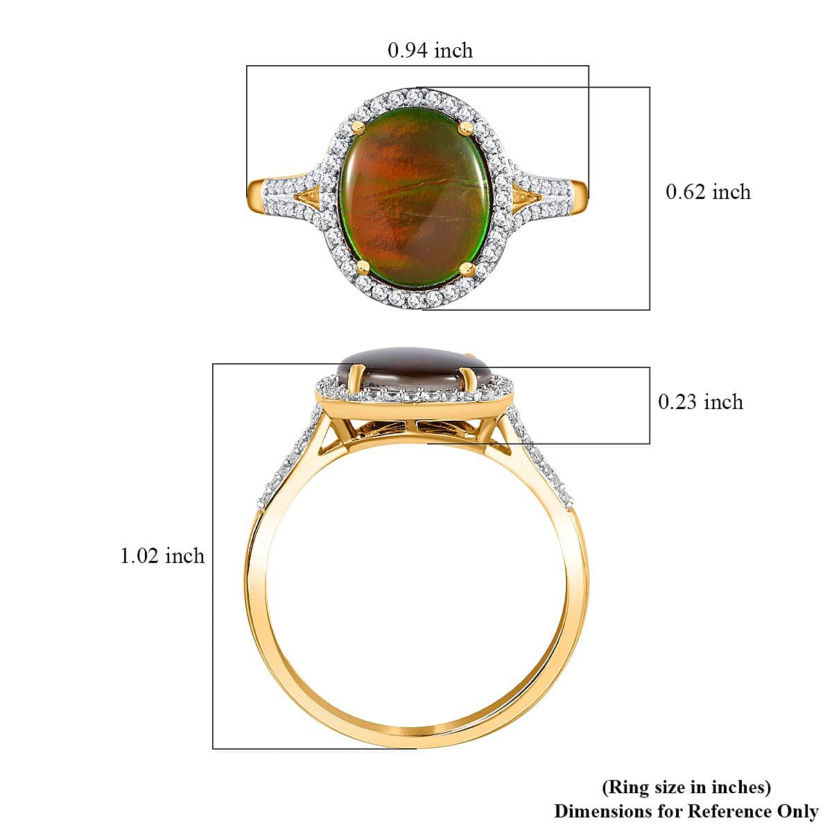Canadian Ammolite and White Zircon Split Shank Ring in Vermeil Yellow Gold Over Sterling Silver (Size 10.0) 0.60 ctw