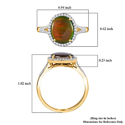 Canadian Ammolite and White Zircon Split Shank Ring in Vermeil Yellow Gold Over Sterling Silver (Size 10.0) 0.60 ctw