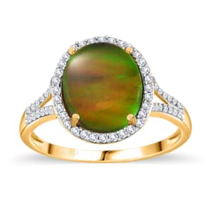 Canadian Ammolite and White Zircon Split Shank Ring in Vermeil Yellow Gold Over Sterling Silver (Size 8.0) 0.60 ctw