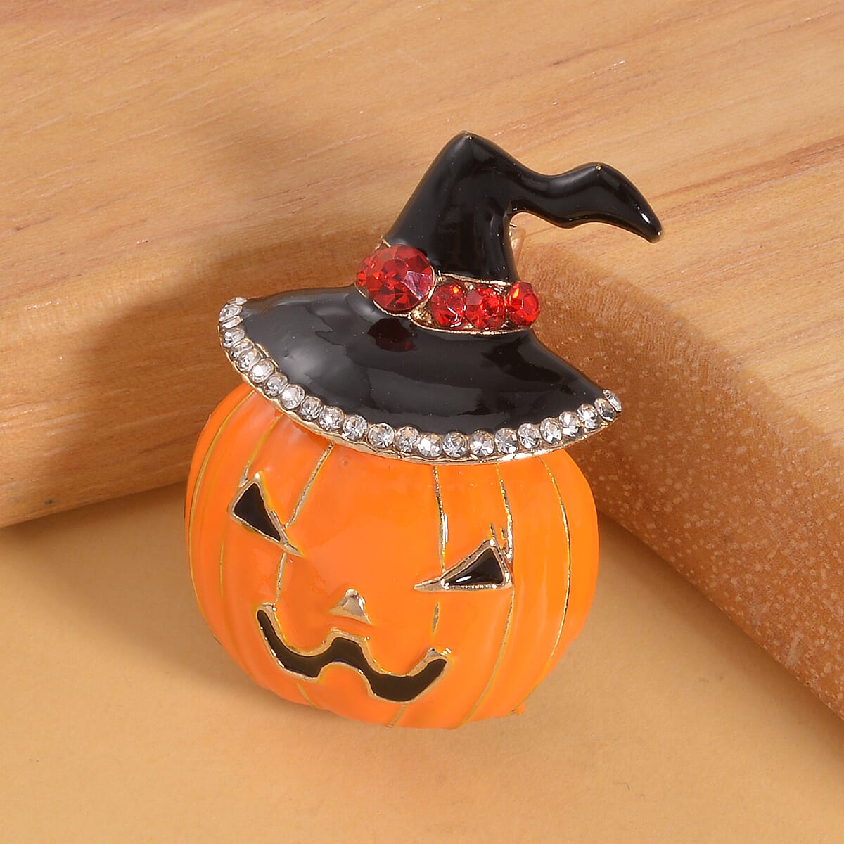 Red and White Austrian Crystal Hallween Witch Hat Pumpkin Brooch in Goldtone image number 1
