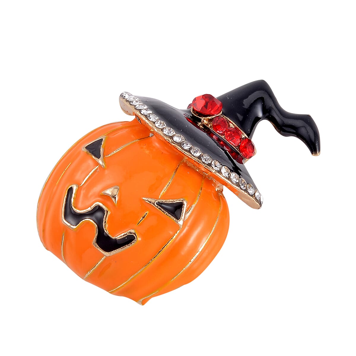Red and White Austrian Crystal Hallween Witch Hat Pumpkin Brooch in Goldtone image number 2
