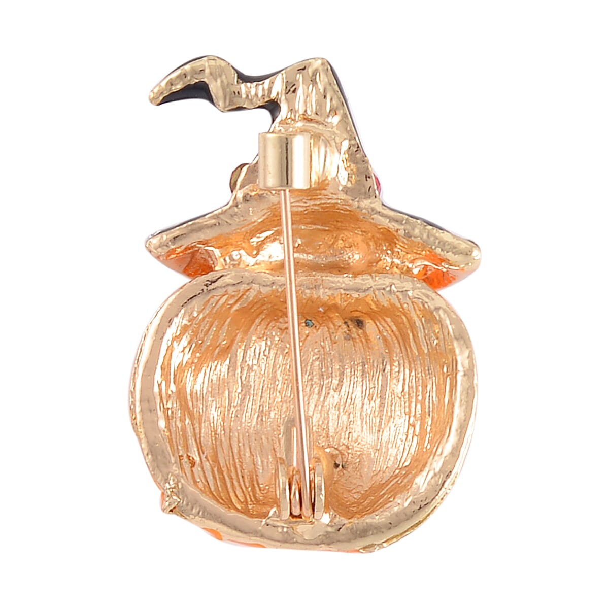 Red and White Austrian Crystal Hallween Witch Hat Pumpkin Brooch in Goldtone image number 3