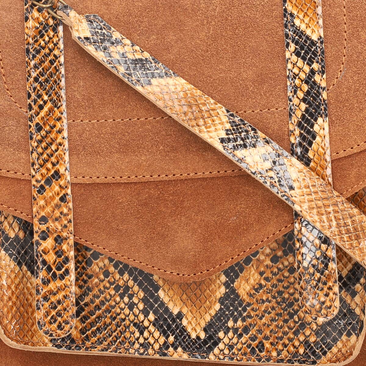 Black & Brown Snake Foil Print Genuine Leather Shoulder Bag (9"x3"x8") with Shoulder Strap & Handle Drops image number 6