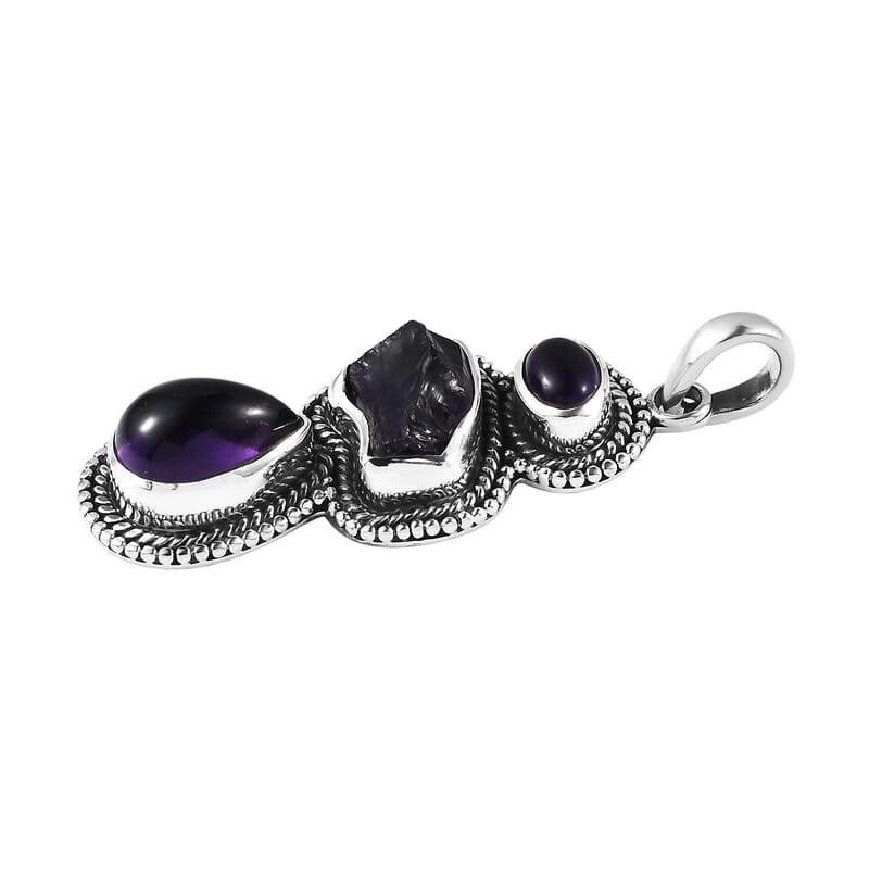 Artisan Crafted African Amethyst 3 Stone Pendant in Sterling Silver 11.65 ctw