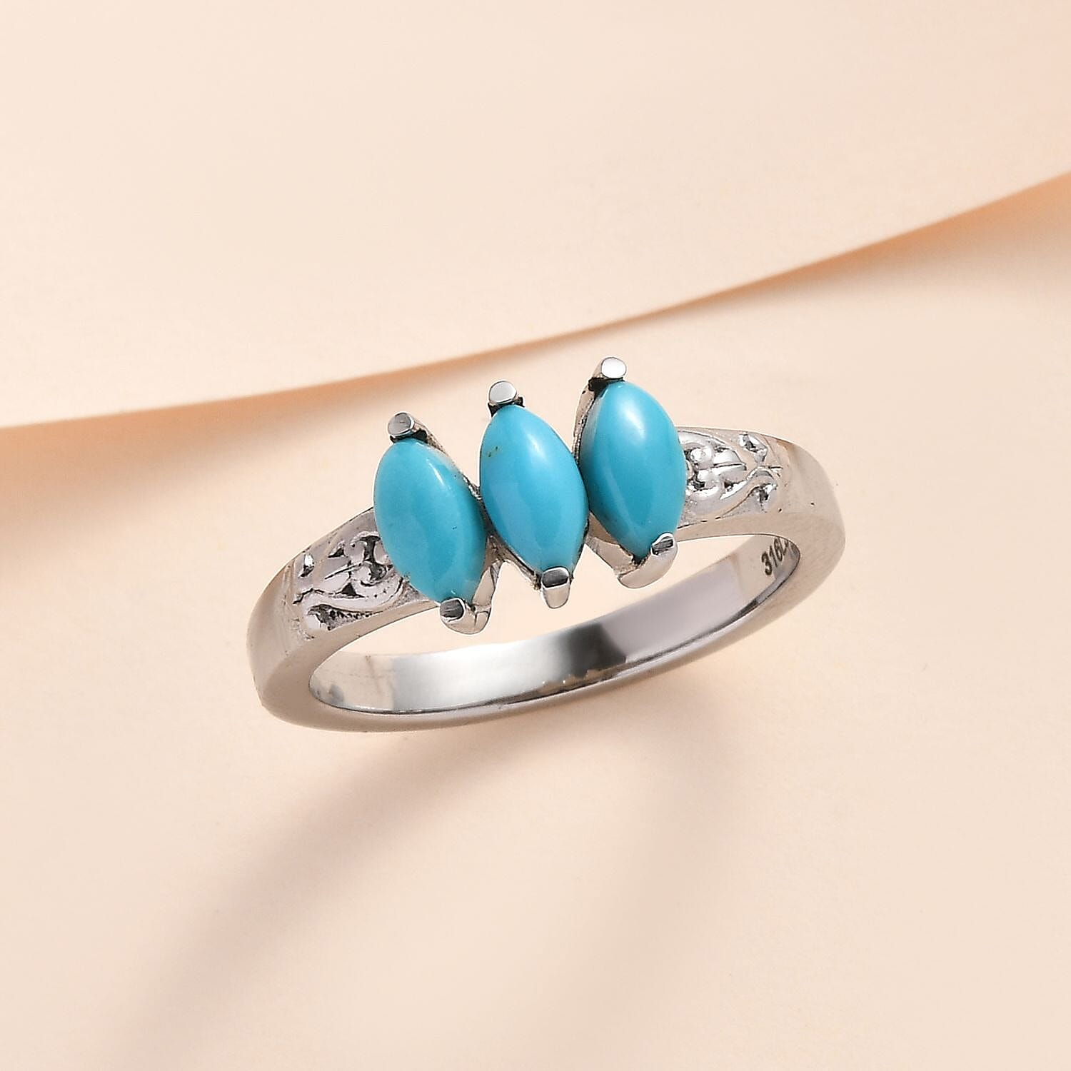 Sleeping Beauty Turquoise 3 Stone Ring in Stainless Steel (Size 10.0) 0.85 ctw