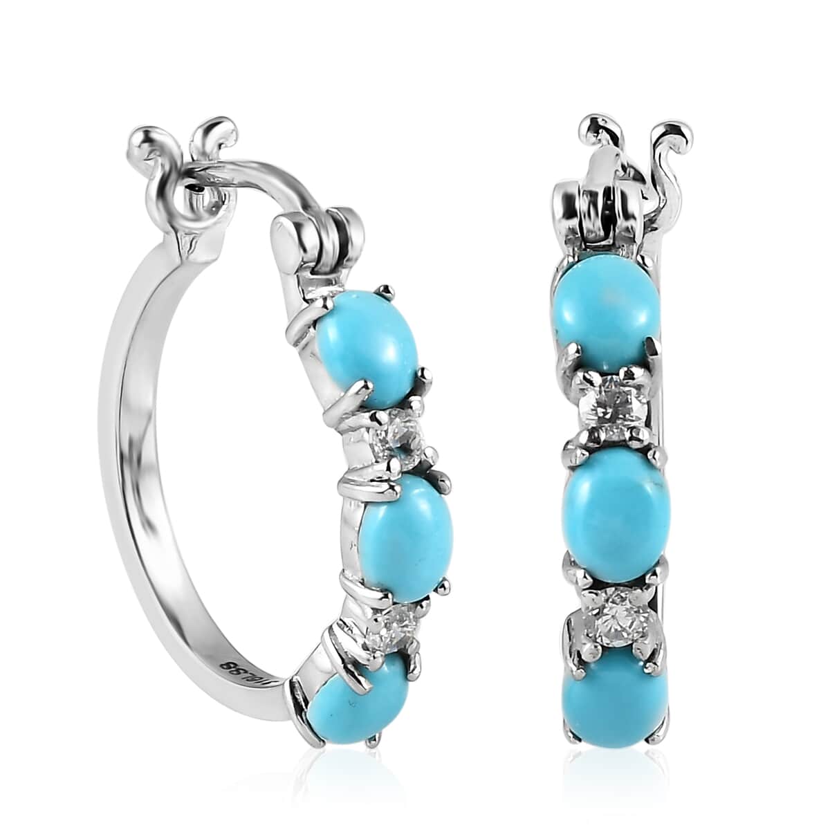 Sleeping Beauty Turquoise and Simulated Diamond Hoop Earrings in Stainless Steel 2.50 ctw image number 0