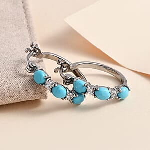 Sleeping Beauty Turquoise and Simulated Diamond Hoop Earrings in Stainless Steel 2.50 ctw