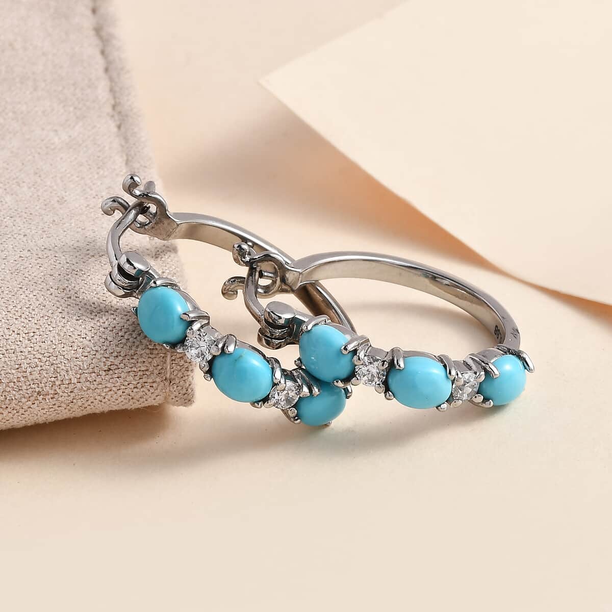 Sleeping Beauty Turquoise and Simulated Diamond Hoop Earrings in Stainless Steel 2.50 ctw image number 1
