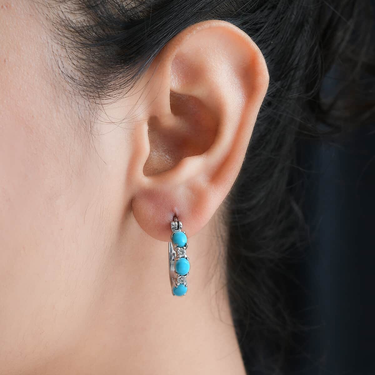 Sleeping Beauty Turquoise and Simulated Diamond Hoop Earrings in Stainless Steel 2.50 ctw image number 2
