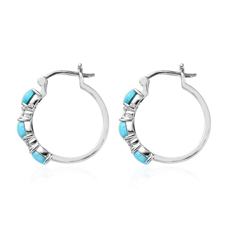 Sleeping Beauty Turquoise and Simulated Diamond Hoop Earrings in Stainless Steel 2.50 ctw