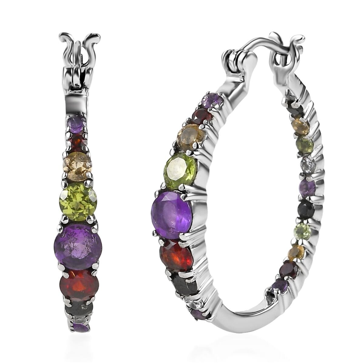 African Amethyst and Multi Gemstone Inside Out Hoop Earrings in Stainless Steel 3.90 ctw image number 0