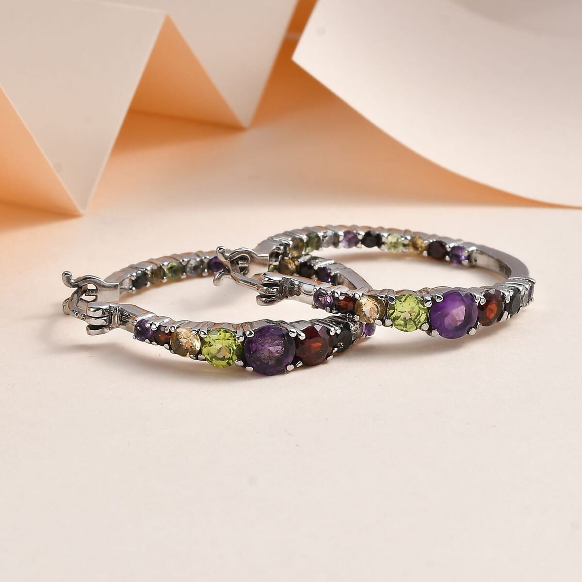 African Amethyst and Multi Gemstone Inside Out Hoop Earrings in Stainless Steel 3.90 ctw image number 1