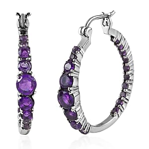 African Amethyst Inside Out Hoop Earrings in Stainless Steel 3.15 ctw
