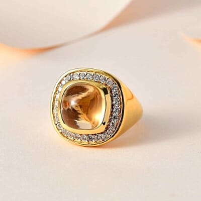 Brazilian Citrine and White Zircon 8.89 ctw Ring in Vermeil Yellow Gold Over Sterling Silver (Size 6.5)