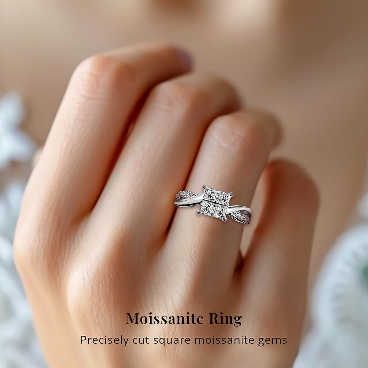 Moissanite 0.80 ctw Ring, Twisted Shank Ring, Rhodium Over Sterling Silver Ring, Moissanite Jewelry, Gifts For Her (Size 5.00) image number 1