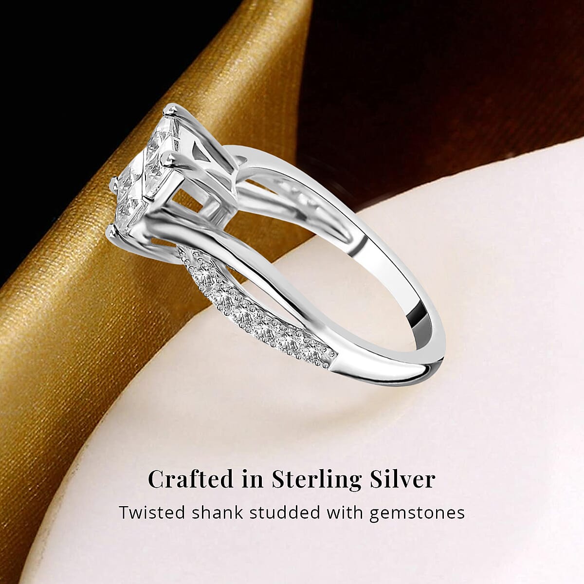 Moissanite 0.80 ctw Ring, Twisted Shank Ring, Rhodium Over Sterling Silver Ring, Moissanite Jewelry, Gifts For Her (Size 5.00) image number 2