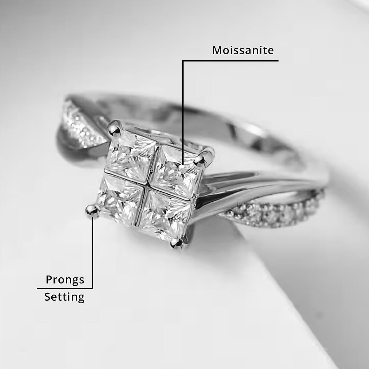 Moissanite 0.80 ctw Ring, Twisted Shank Ring, Rhodium Over Sterling Silver Ring, Moissanite Jewelry, Gifts For Her (Size 5.00) image number 5