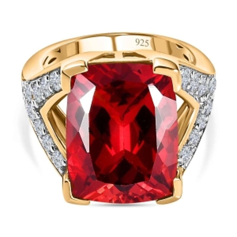 Lab Created Padparadscha Sapphire and White Zircon  15.86 ctw Ring in Vermeil Yellow Gold Over Sterling Silver (Size 9)