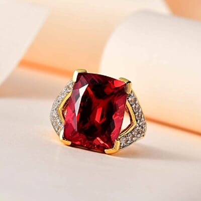 Lab Created Padparadscha Sapphire and White Zircon  15.86 ctw Ring in Vermeil Yellow Gold Over Sterling Silver (Size 9)