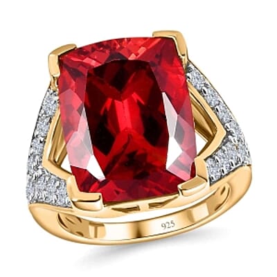 Lab Created Padparadscha Sapphire and White Zircon  15.86 ctw Ring in Vermeil Yellow Gold Over Sterling Silver (Size 9)