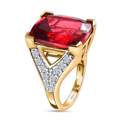 Lab Created Padparadscha Sapphire and White Zircon  15.86 ctw Ring in Vermeil Yellow Gold Over Sterling Silver (Size 9)