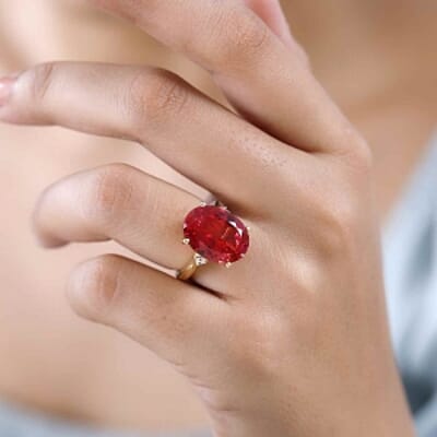 Lab Created Padparadscha Sapphire and White Zircon 13.10 ctw Ring in Vermeil Yellow Gold Over Sterling Silver (Size 8)