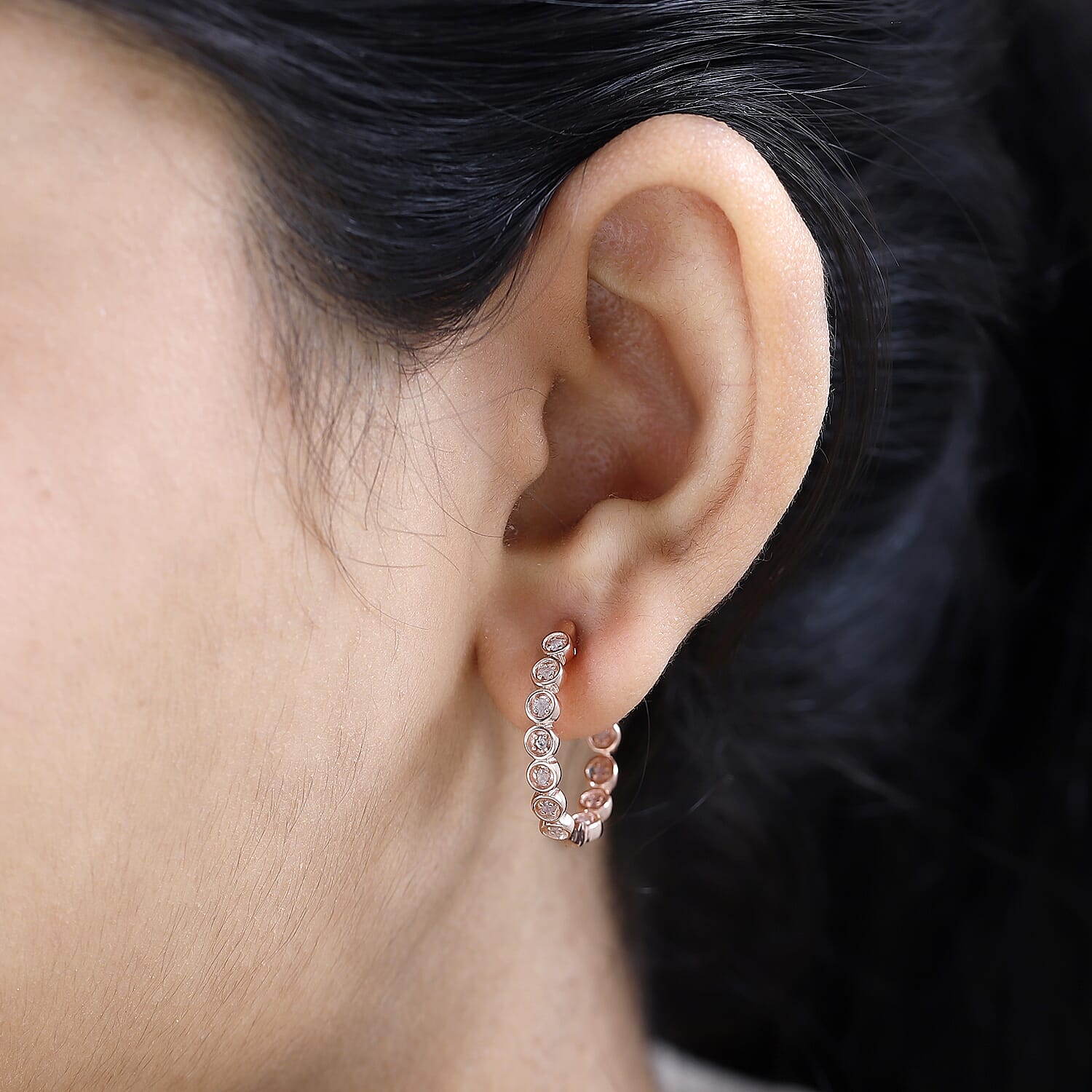 Uncut Natural Pink Diamond Inside Out Hoop Earring in Vermeil Rose Gold Over Sterling Silver 0.33 ctw