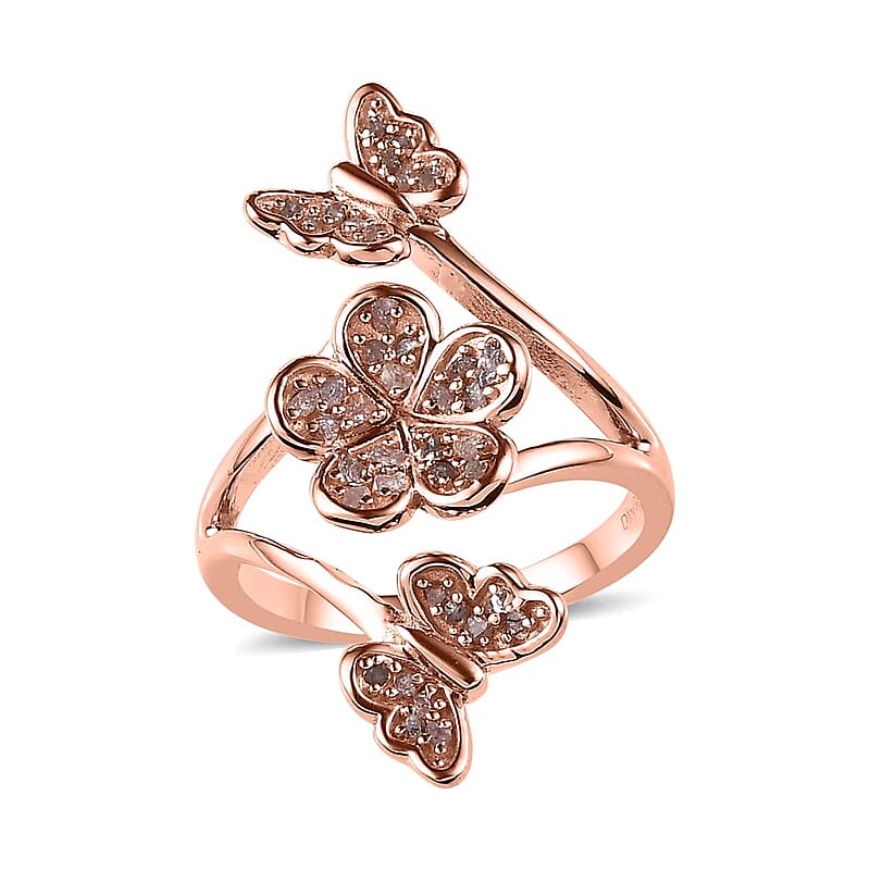 Uncut Natural Pink Diamond Butterfly and Floral Ring in Vermeil Rose Gold Over Sterling Silver (Size 10.0) 0.25 ctw