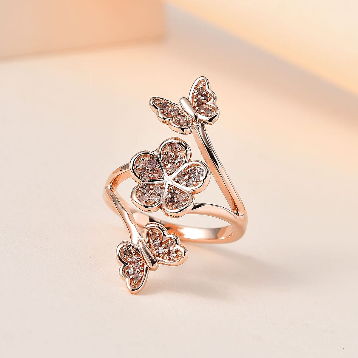 Uncut Natural Pink Diamond Butterfly and Floral Ring in Vermeil Rose Gold Over Sterling Silver (Size 10.0) 0.25 ctw image number 1