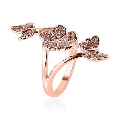 Uncut Natural Pink Diamond Butterfly and Floral Ring in Vermeil Rose Gold Over Sterling Silver (Size 10.0) 0.25 ctw