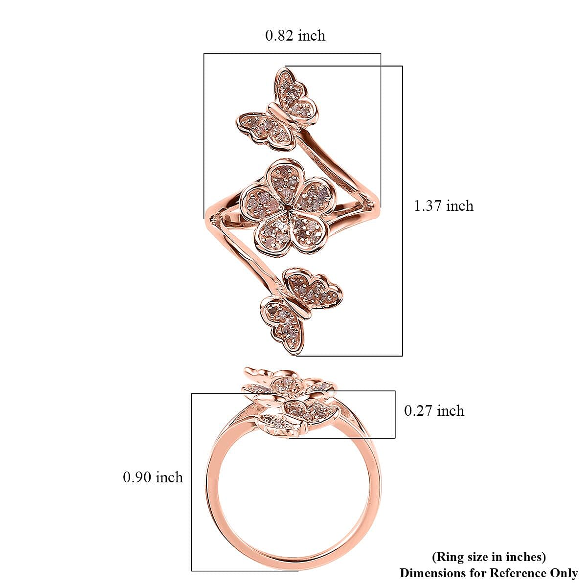 Uncut Natural Pink Diamond Butterfly and Floral Ring in Vermeil Rose Gold Over Sterling Silver (Size 10.0) 0.25 ctw