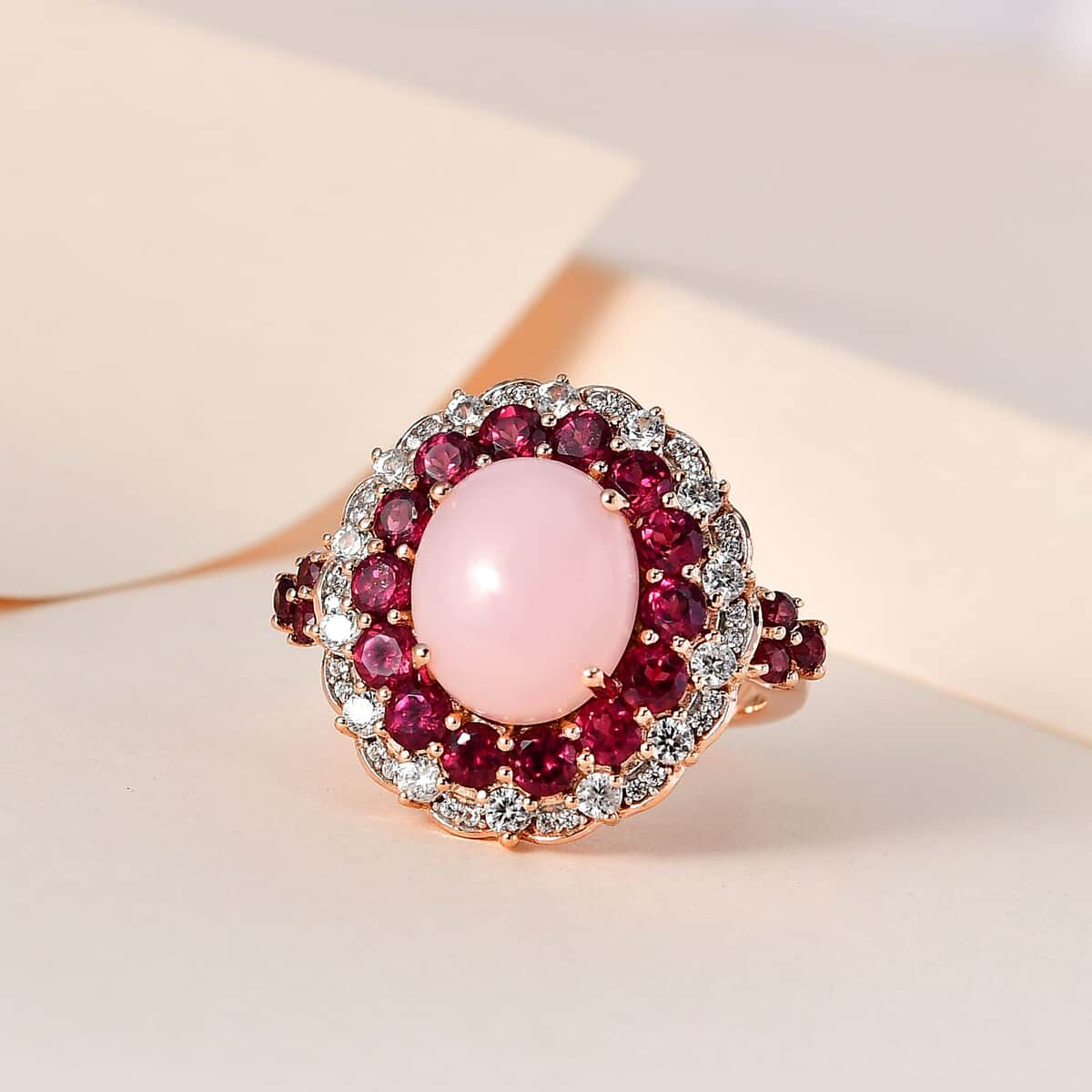 Peruvian Pink Opal and Multi Gemstone Cocktail Ring in Vermeil Rose Gold Over Sterling Silver (Size 11.0) 7.35 ctw image number 1