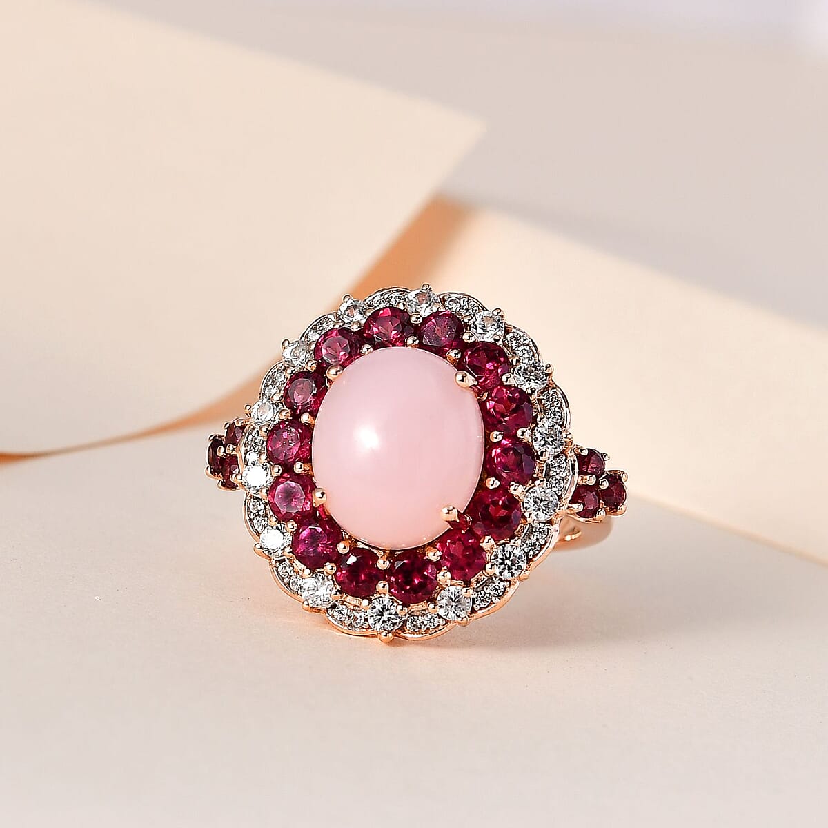 Peruvian Pink Opal and Multi Gemstone Cocktail Ring in Vermeil Rose Gold Over Sterling Silver (Size 9.0) 7.35 ctw image number 1