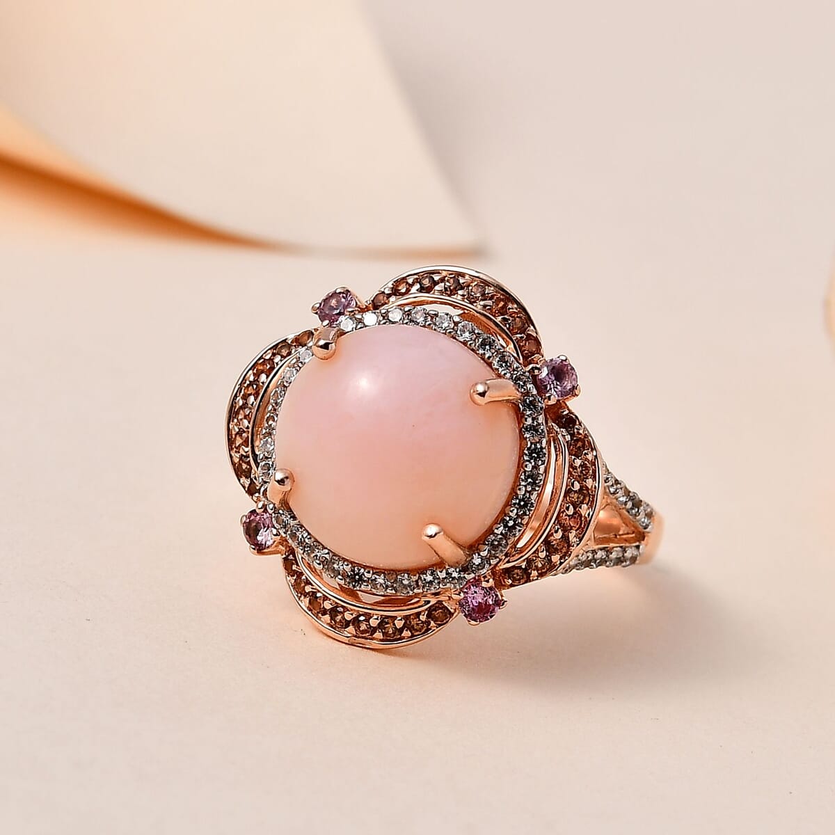 Premium Peruvian Pink Opal, Multi Gemstone Ring in Vermeil RG Over Sterling Silver (Size 10.0) 6.40 ctw image number 1
