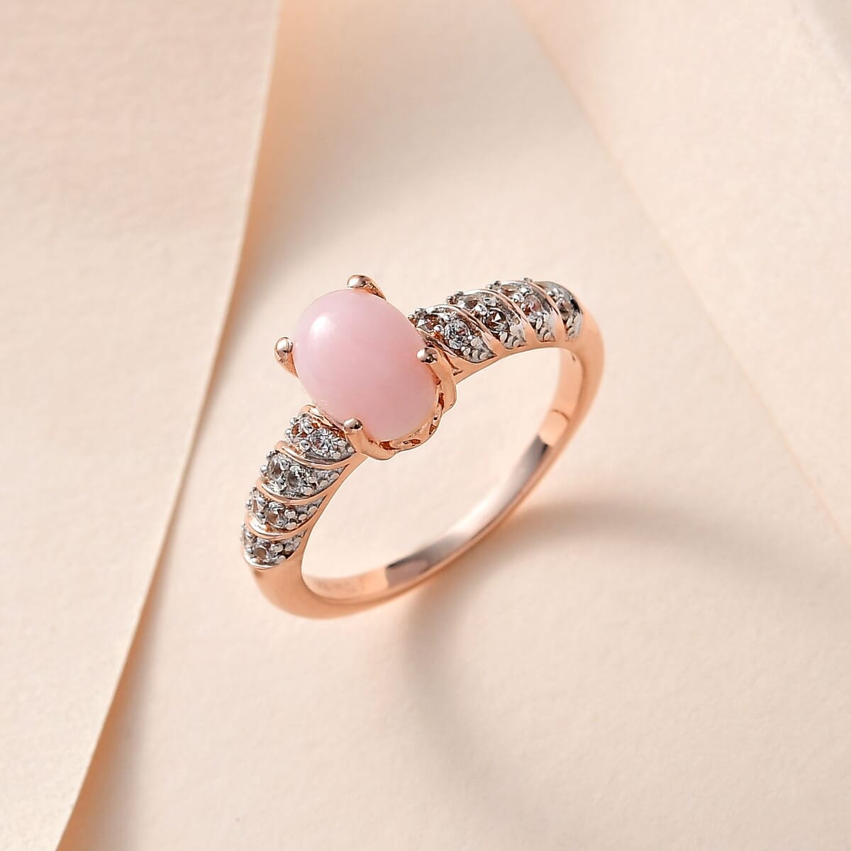 Premium Peruvian Pink Opal, White Zircon Ring in Vermeil RG Over Sterling Silver (Size 10.0) 1.40 ctw image number 1