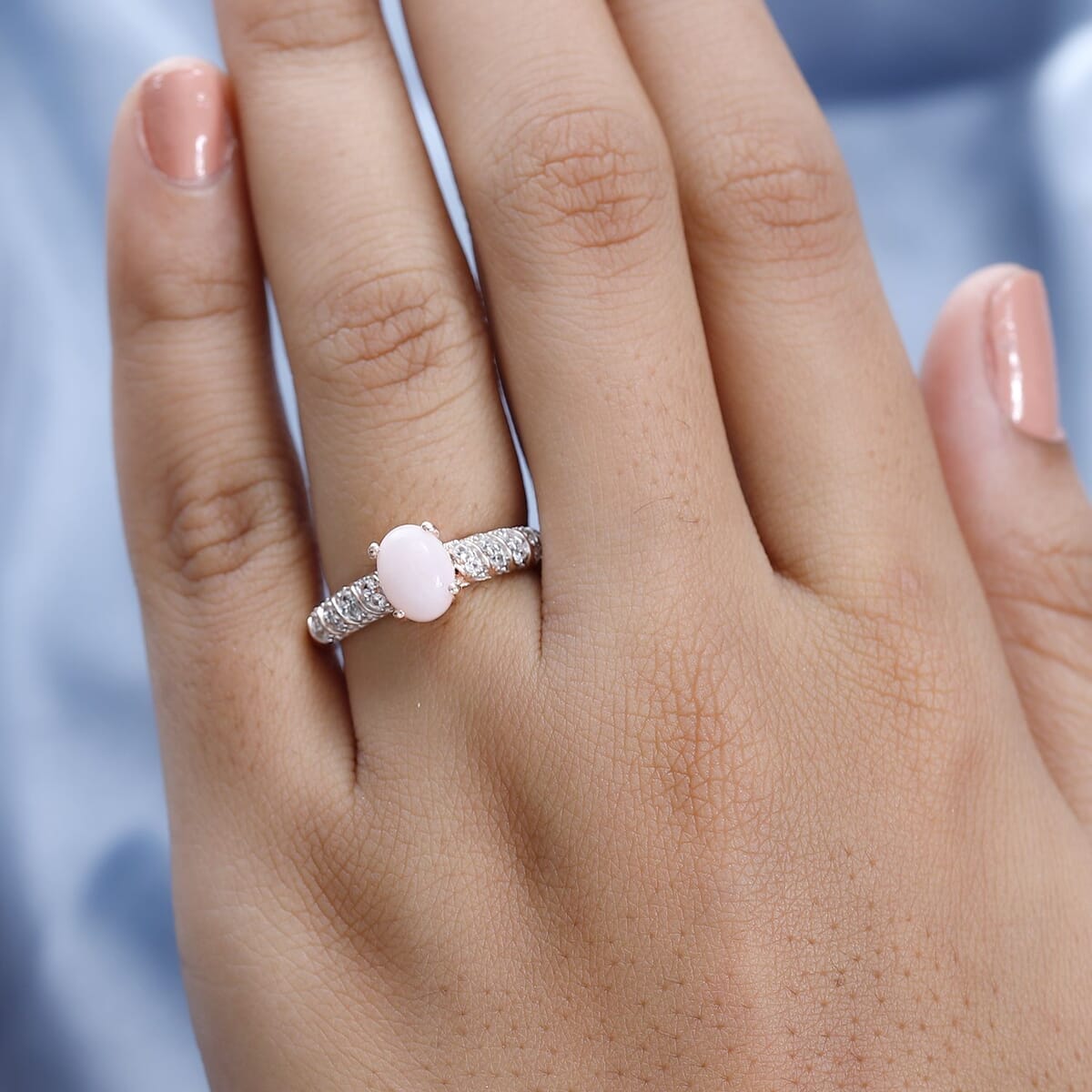 Premium Peruvian Pink Opal, White Zircon Ring in Vermeil RG Over Sterling Silver (Size 10.0) 1.40 ctw image number 2