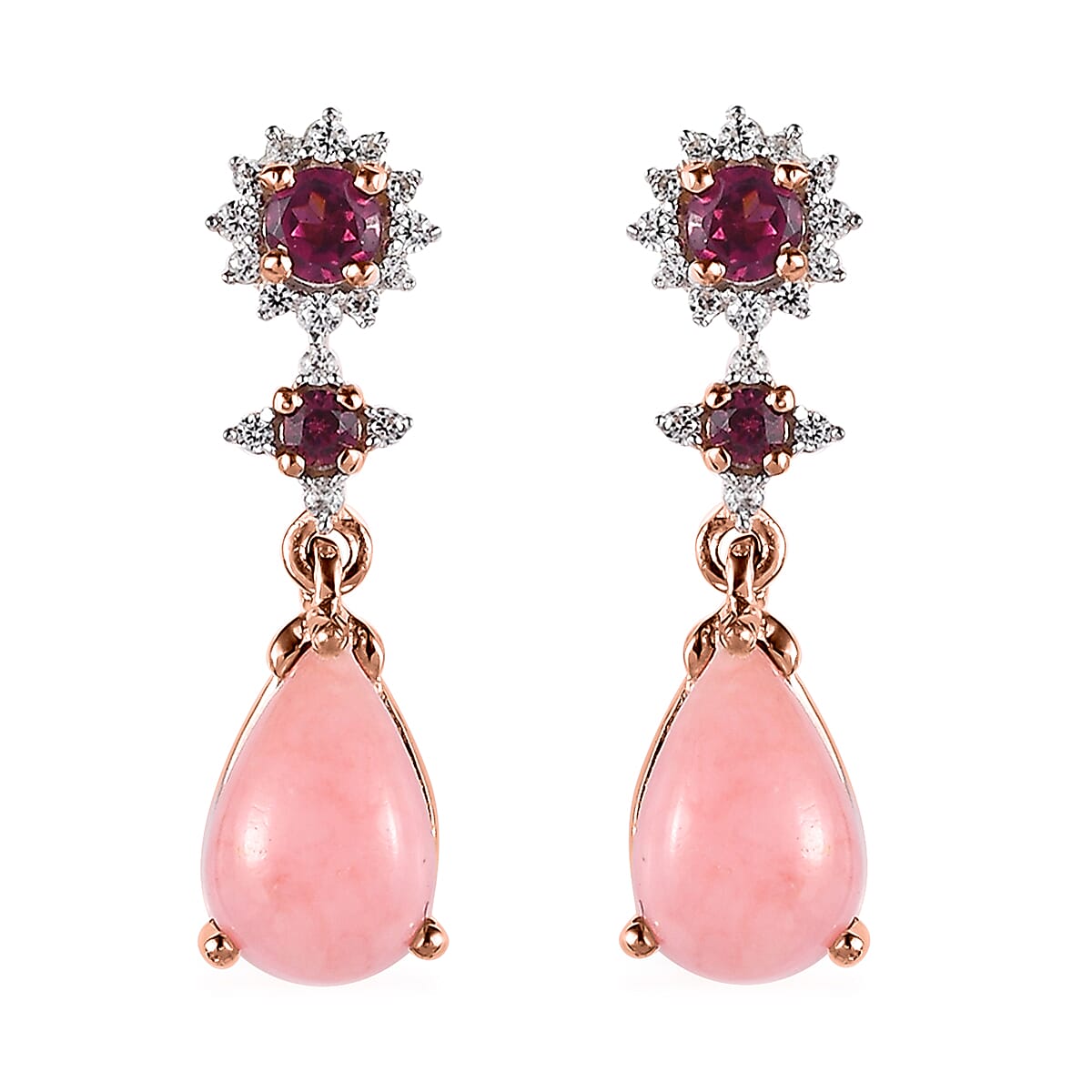 Peruvian Pink Opal and Multi Gemstone Dangling Earrings in Vermeil Rose Gold Over Sterling Silver 3.00 ctw