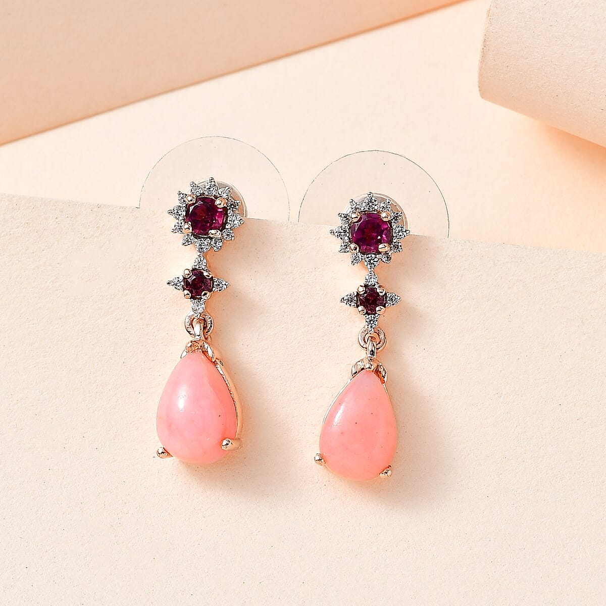 Peruvian Pink Opal and Multi Gemstone Dangling Earrings in Vermeil Rose Gold Over Sterling Silver 3.00 ctw image number 1