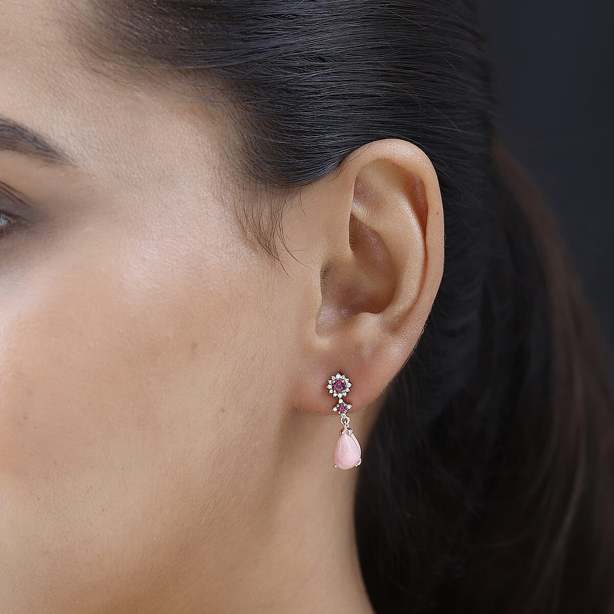 Peruvian Pink Opal and Multi Gemstone Dangling Earrings in Vermeil Rose Gold Over Sterling Silver 3.00 ctw image number 2