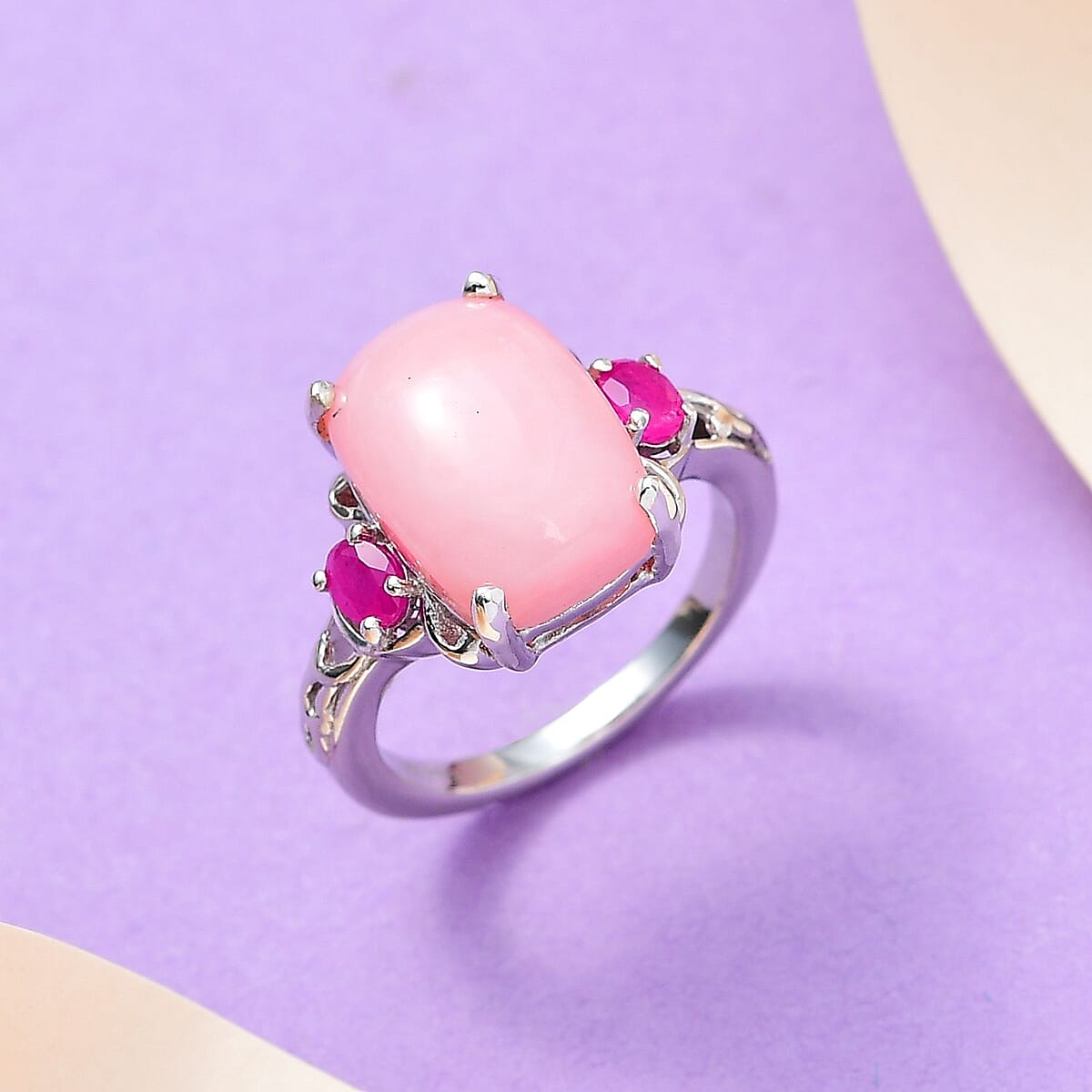 Peruvian Pink Opal and African Ruby (FF) Ring in Platinum Over Sterling Silver (Size 10.0) 6.50 ctw image number 1
