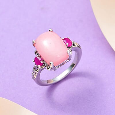 Peruvian Pink Opal and African Ruby (FF) Ring in Platinum Over Sterling Silver (Size 10.0) 6.50 ctw