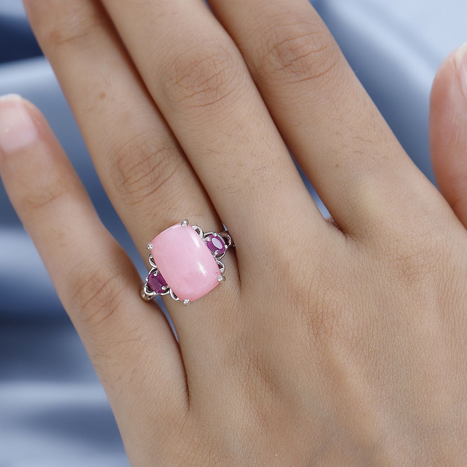 Peruvian Pink Opal and African Ruby (FF) Ring in Platinum Over Sterling Silver (Size 10.0) 6.50 ctw