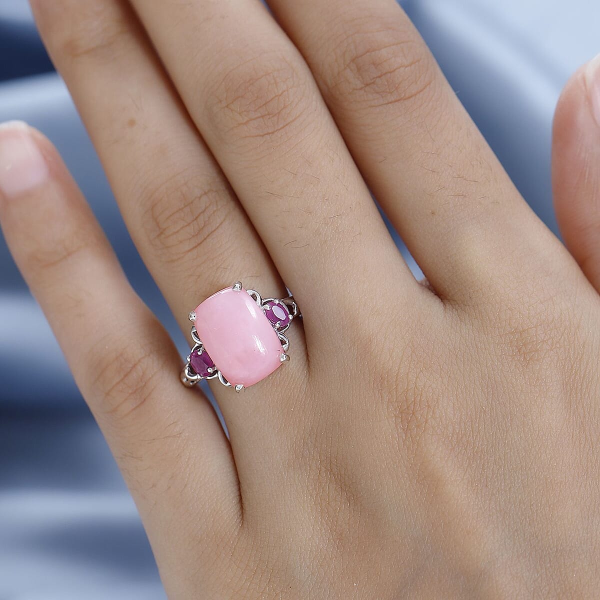 Peruvian Pink Opal and African Ruby (FF) Ring in Platinum Over Sterling Silver (Size 10.0) 6.50 ctw image number 2