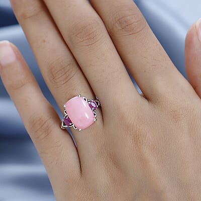 Peruvian Pink Opal and African Ruby (FF) Ring in Platinum Over Sterling Silver (Size 10.0) 6.50 ctw